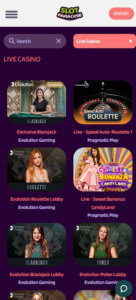 Slot Paradise Casino mobile live casino screenshot showing roulette, blackjack, and baccarat tables - tested