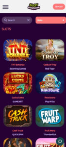 Slot Paradise Casino mobile slots screenshot displaying top slot games and featured jackpots - tested