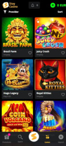 Stay Casino mobile slots preview screenshot showing game categories – tested