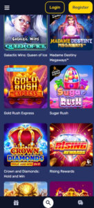 Galactic Wins Casino mobile slots variety screenshot showing slot titles and categories – tested
