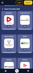 Galactic Wins Casino mobile software providers list screenshot showing available game studios – tested