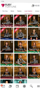 Ruby Fortune Casino mobile live blackjack screenshot showing available dealer tables – tested