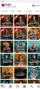Ruby Fortune Casino mobile live dealer games screenshot showing blackjack, roulette and baccarat – tested