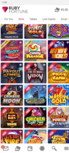 Ruby Fortune Casino mobile slots variety screenshot displaying top slot titles – tested