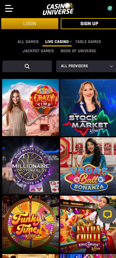 Casino Universe live dealer games mobile review