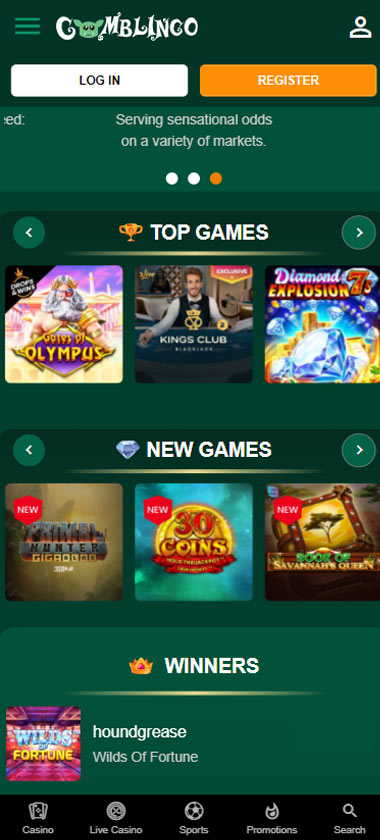 Gomblingo Casino game types mobile review