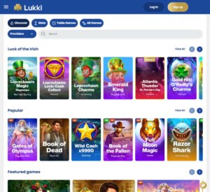 Lukki Casino desktop homepage screenshot showing navigation menu and promotions – tested