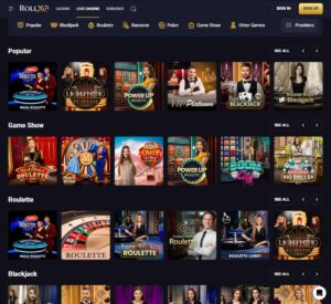 Rollxo Casino desktop live dealer games screenshot showing roulette, blackjack and baccarat tables – tested