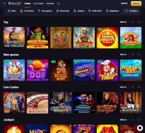 Rollxo Casino desktop homepage screenshot showing main navigation, promotions and game categories – tested