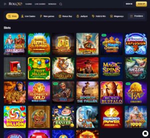 Rollxo Casino desktop slots screenshot showing featured slot titles and categories – tested