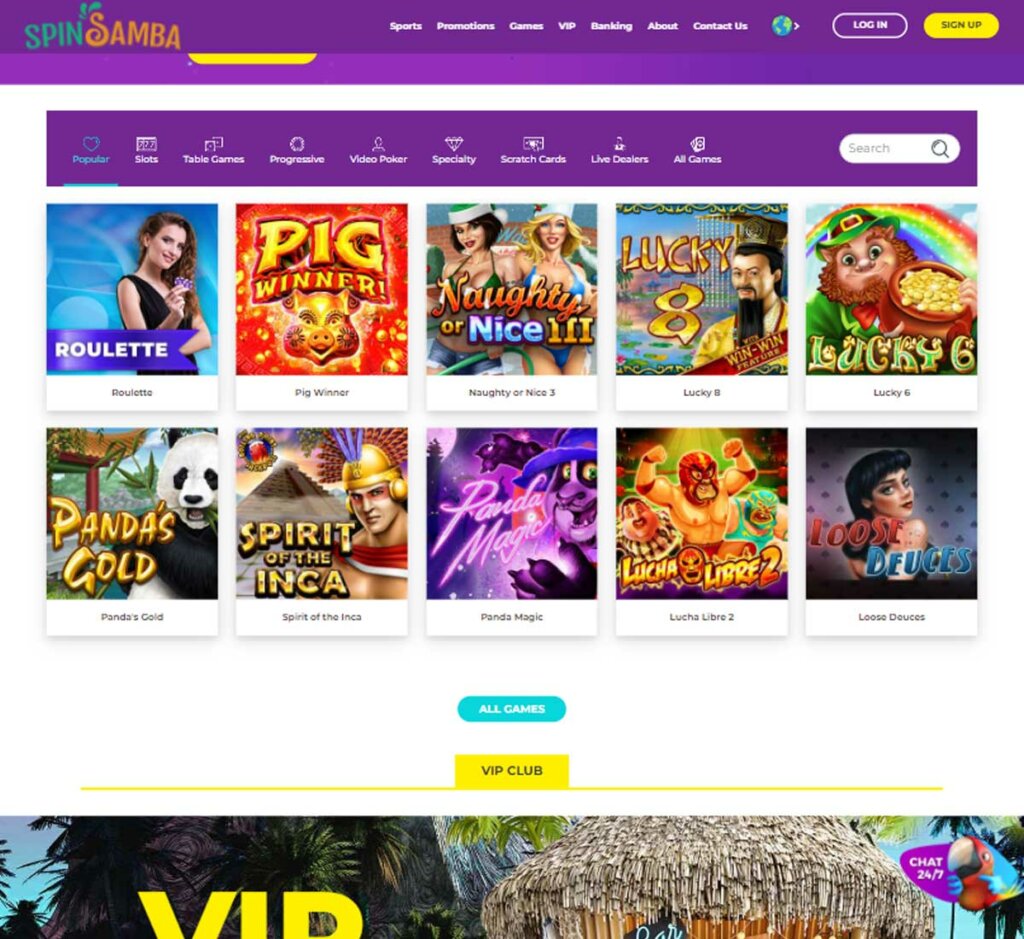 SpinSamba Casino home page review