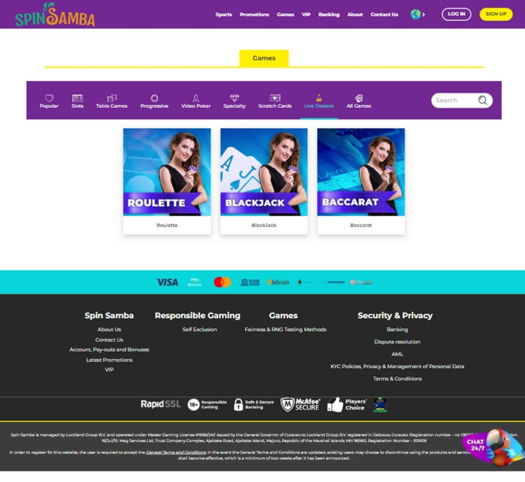 SpinSamba Casino live dealer games review