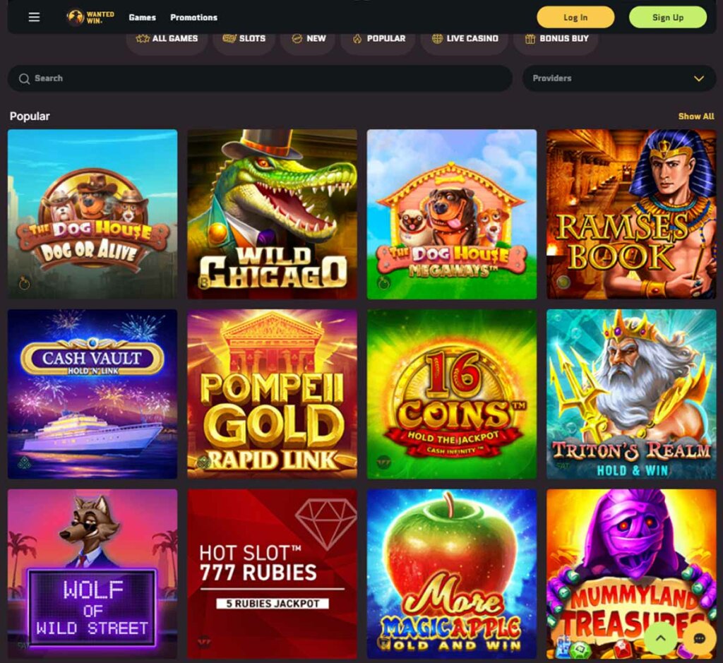 Wanted Win Casino home page review
