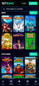 Betrino Casino mobile interface screenshot showing collection of games including slots, table games and live casino sections on smartphone screen – tested