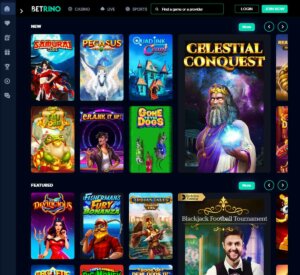 Betrino Casino desktop interface screenshot showing collection of games including slots, table games and live casino sections – tested