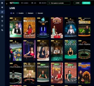 Betrino Casino desktop live casino screenshot displaying real-dealer tables including roulette, blackjack and baccarat with lobby navigation – tested