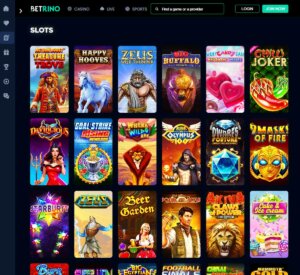 Betrino Casino desktop interface screenshot showing slots variety review with featured titles, categories and game providers – tested