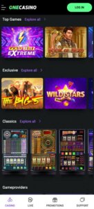 One Casino mobile homepage screenshot with categories and quick-access menu – tested