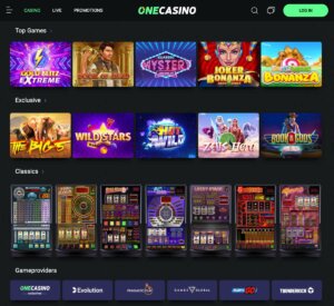 One Casino desktop homepage screenshot showing navigation menu and featured promotions – tested