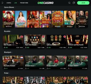 One Casino desktop live casino games screenshot showing dealer tables – tested