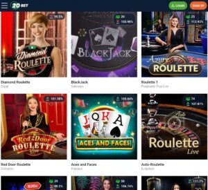 20Bet Casino desktop live dealer game lobby screenshot showing roulette, blackjack, and baccarat tables – tested