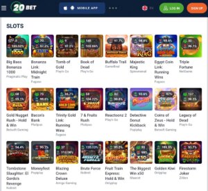 20Bet Casino desktop slots variety screenshot displaying popular slot games, jackpots, and featured titles - tested
