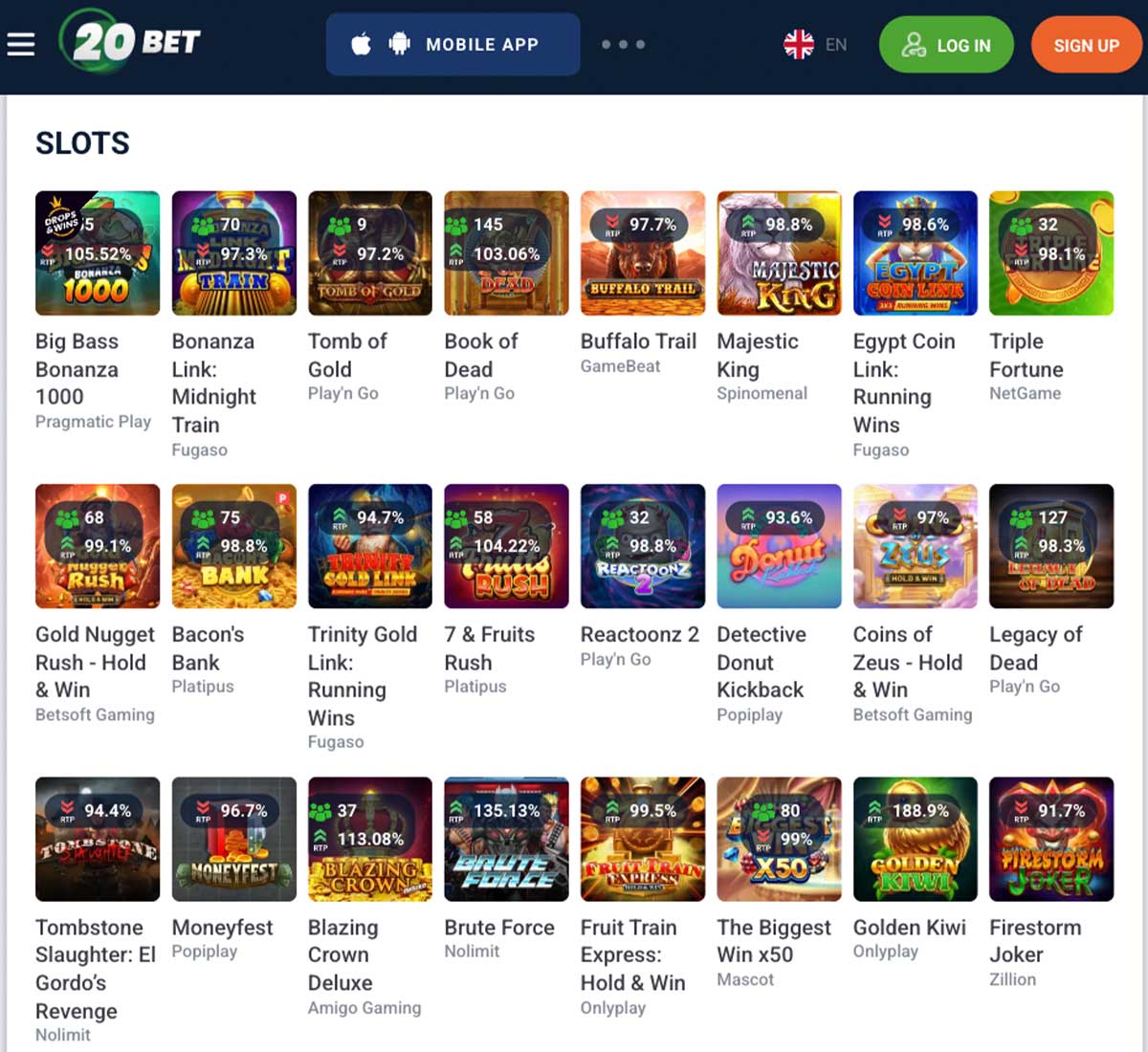 20Bet Casino desktop slots variety screenshot displaying popular slot games, jackpots, and featured titles   tested