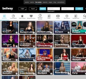 Betway Casino desktop live casino screenshot displaying real-dealer tables including roulette, blackjack and baccarat with lobby navigation – tested