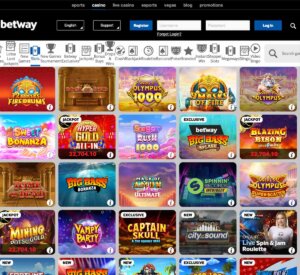 Betway Casino desktop interface screenshot showing slots variety review with featured titles, categories and game providers – tested