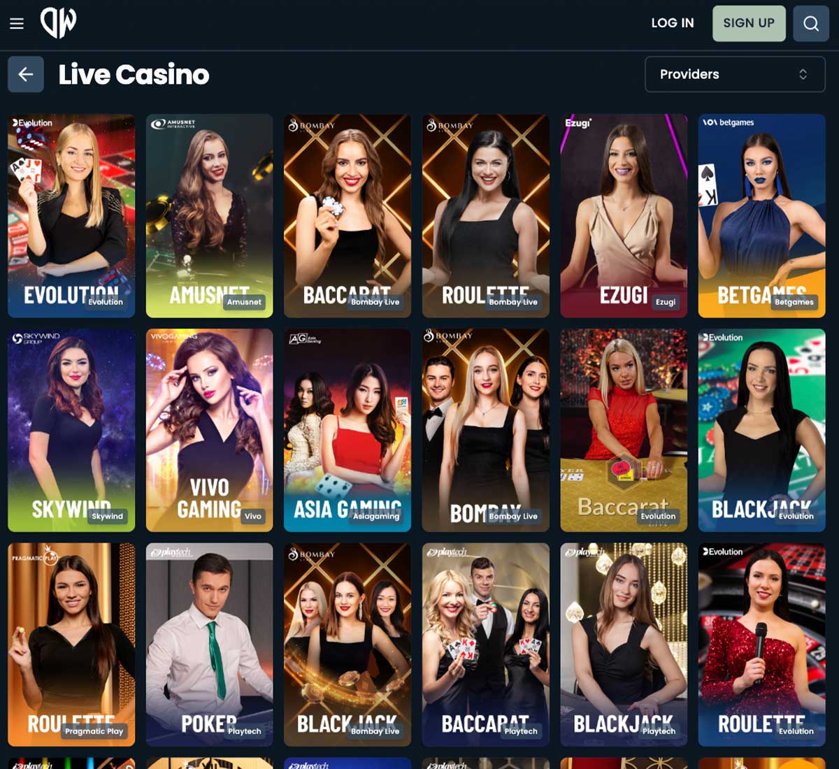 DepositWin Casino desktop live casino games screenshot showing live dealer roulette, blackjack, and baccarat – tested