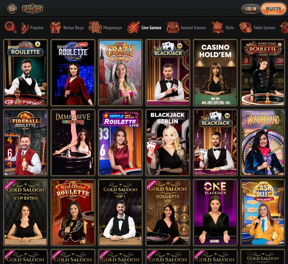 Gransino Casino desktop live casino games screenshot showing roulette, blackjack, and baccarat tables – tested