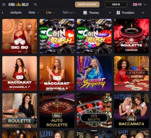 King Billy Casino desktop live casino games screenshot showing roulette, blackjack and baccarat tables – tested