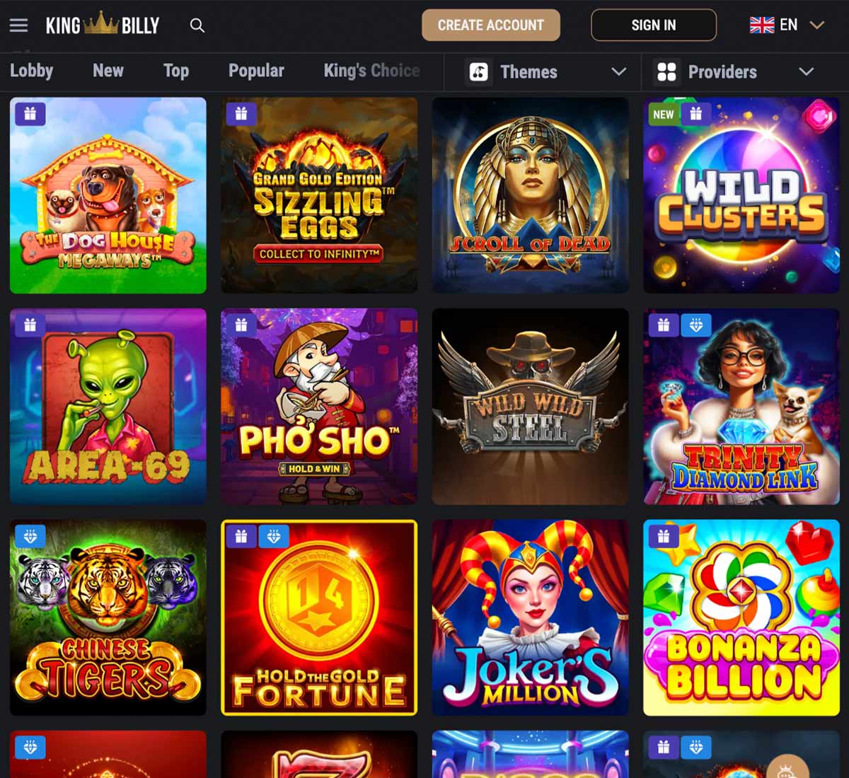 King Billy Casino desktop slots variety screenshot showing game categories and providers – tested