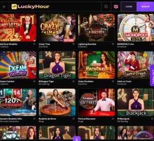 LuckyHour Casino desktop live casino screenshot displaying dealer rooms and table categories – tested