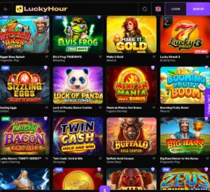 LuckyHour Casino desktop slots screenshot showing game grid and featured titles – tested