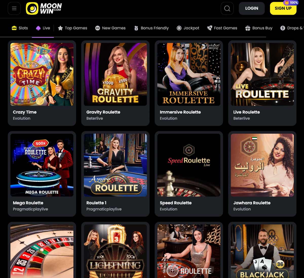 MoonWin casino live casino games collection review