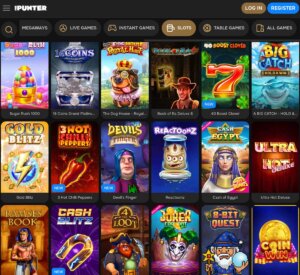 MrPunter Casino desktop slots variety screenshot showing featured slot titles and game categories – tested