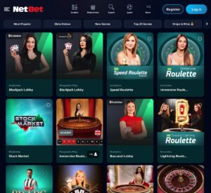 NetBet Casino desktop live casino screenshot showing roulette, blackjack and game show tables – tested