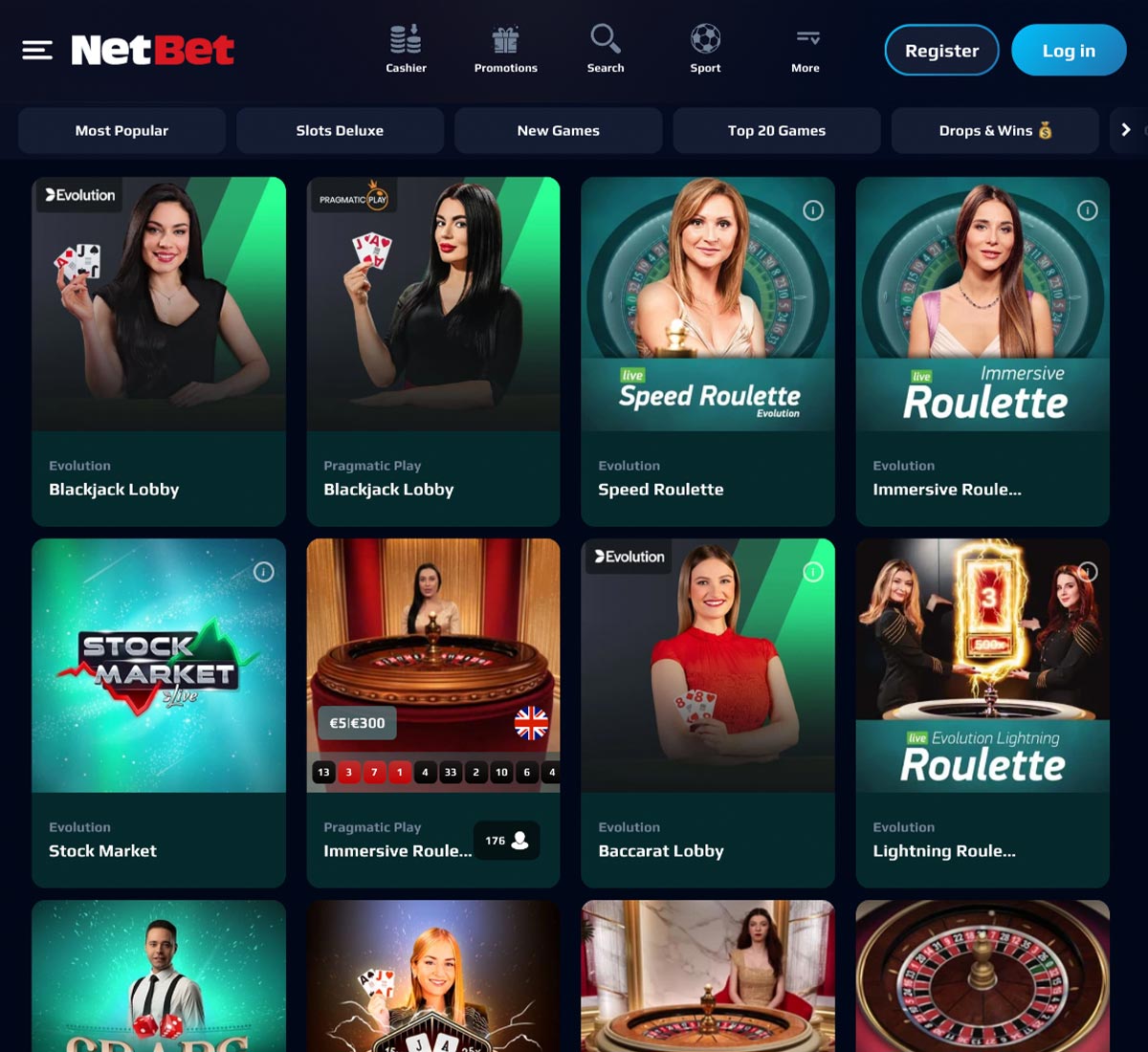 NetBet Casino desktop live casino screenshot showing roulette, blackjack and game show tables – tested