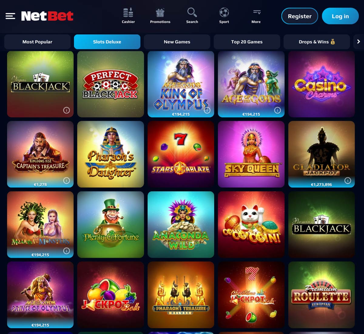 NetBet Casino desktop slots variety screenshot displaying popular slots and categories – tested