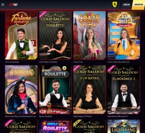 Quickwin Casino desktop live casino section screenshot showing popular live games such as Speed Roulette, Crazy Time, Fortune Roulette and Blackjack - tested