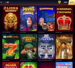 Quickwin Casino desktop slots section screenshot showing popular slot games like Book of Dead, The Dog House and Devil's Finger - tested