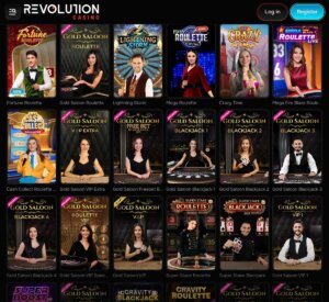 Revolution Casino desktop live dealer games collection screenshot showing blackjack, roulette, and baccarat tables - tested