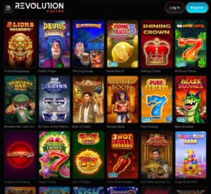 Revolution Casino desktop slots variety screenshot displaying top slots, jackpots, and featured games - tested