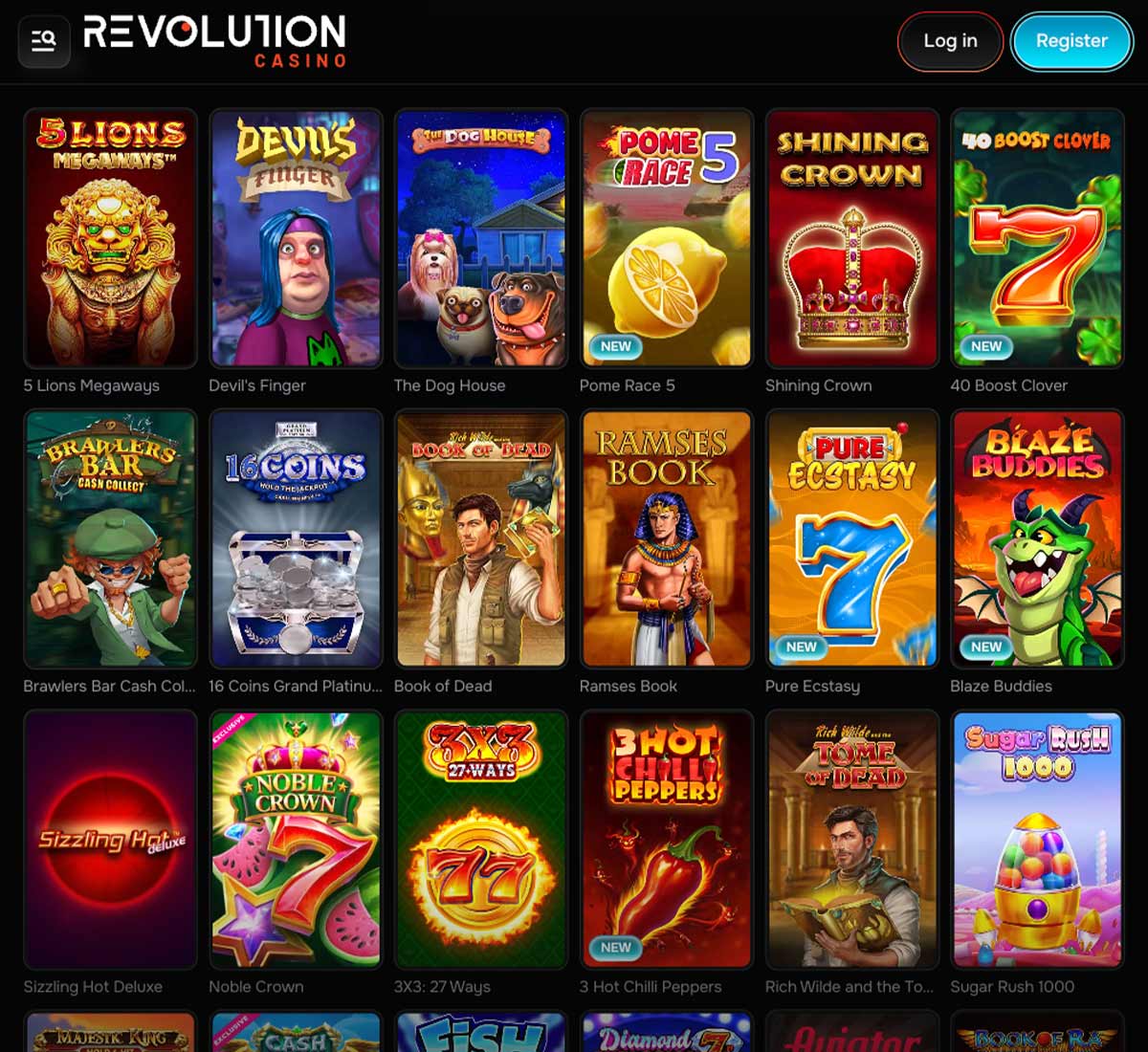 Revolution Casino desktop slots variety screenshot displaying top slots, jackpots, and featured games   tested