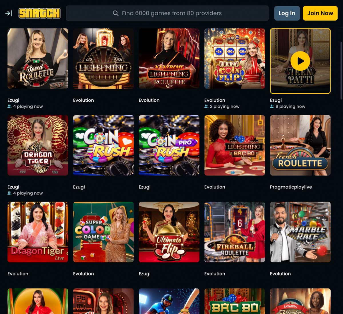 Snatch casino live casino games collection review