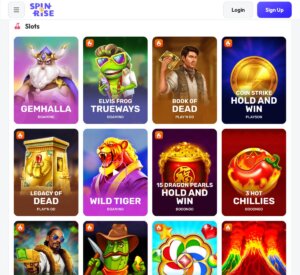 Spinrise Casino desktop slots variety screenshot showing featured slot titles and categories – tested