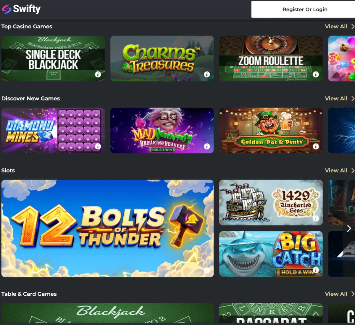Swifty Sports casino homepage review