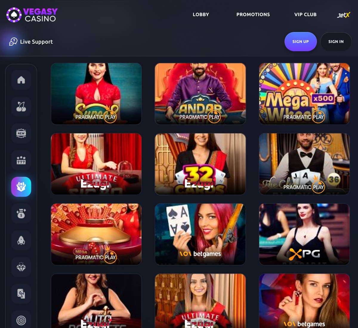 Vegasy casino live casino games collection review