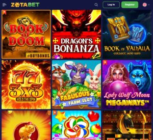 ZotaBet Casino desktop slots variety screenshot showing game grid and slot categories – tested